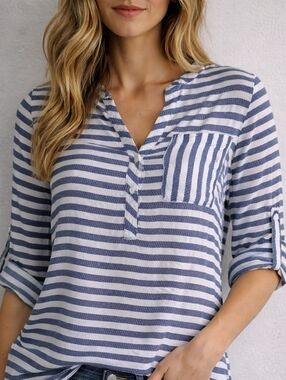 100% Viscose Striped Blouse Blue White Lightweight Size 10 Atmosphere